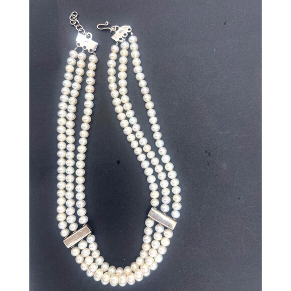 Vintage 3-Strand Glass Pearl Necklace Sterling Silver 925 Clasp Ornate Spacers - Picture 4 of 12